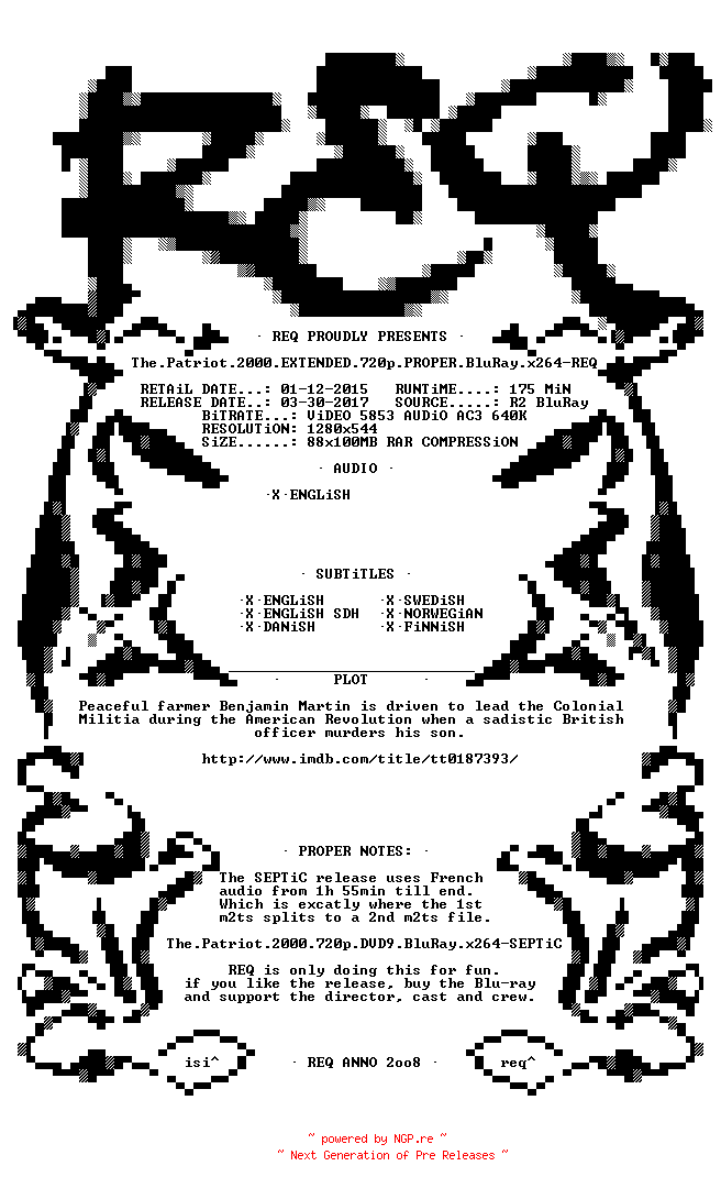 NFO for the release The.Patriot.2000.EXTENDED.720p.PROPER.BluRay.x264-REQ by REQ