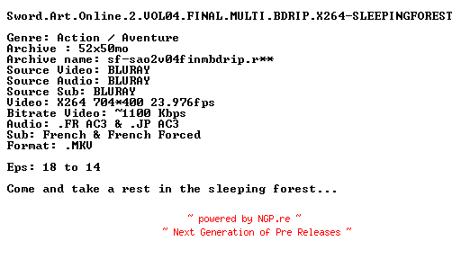 NFO for the release Sword.Art.Online.2.VOL04.FINAL.MULTI.BDRIP.X264-SLEEPINGFOREST by SLEEPINGFOREST