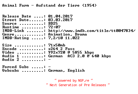 NFO for the release Animal.Farm.Aufstand.der.Tiere.1954.German.720p.BluRay.x264-SPiCY by SPiCY