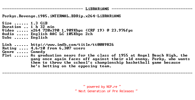 NFO for the release Porkys.Revenge.1985.iNTERNAL.BDRip.x264-LiBRARiANS by LiBRARiANS
