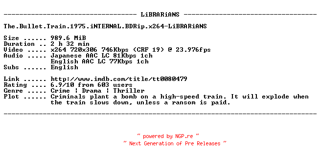 NFO for the release The.Bullet.Train.1975.iNTERNAL.BDRip.x264-LiBRARiANS by LiBRARiANS