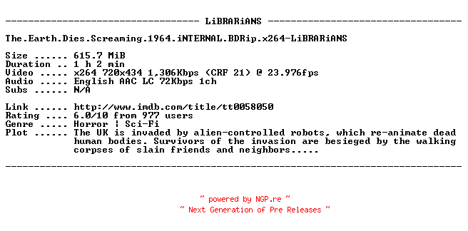 NFO for the release The.Earth.Dies.Screaming.1964.iNTERNAL.BDRip.x264-LiBRARiANS by LiBRARiANS