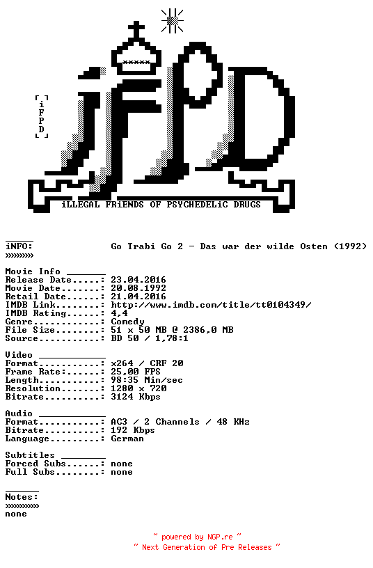 NFO for the release Go.Trabi.Go.2.Das.war.der.wilde.Osten.1992.German.720p.BluRay.x264-iFPD by iFPD