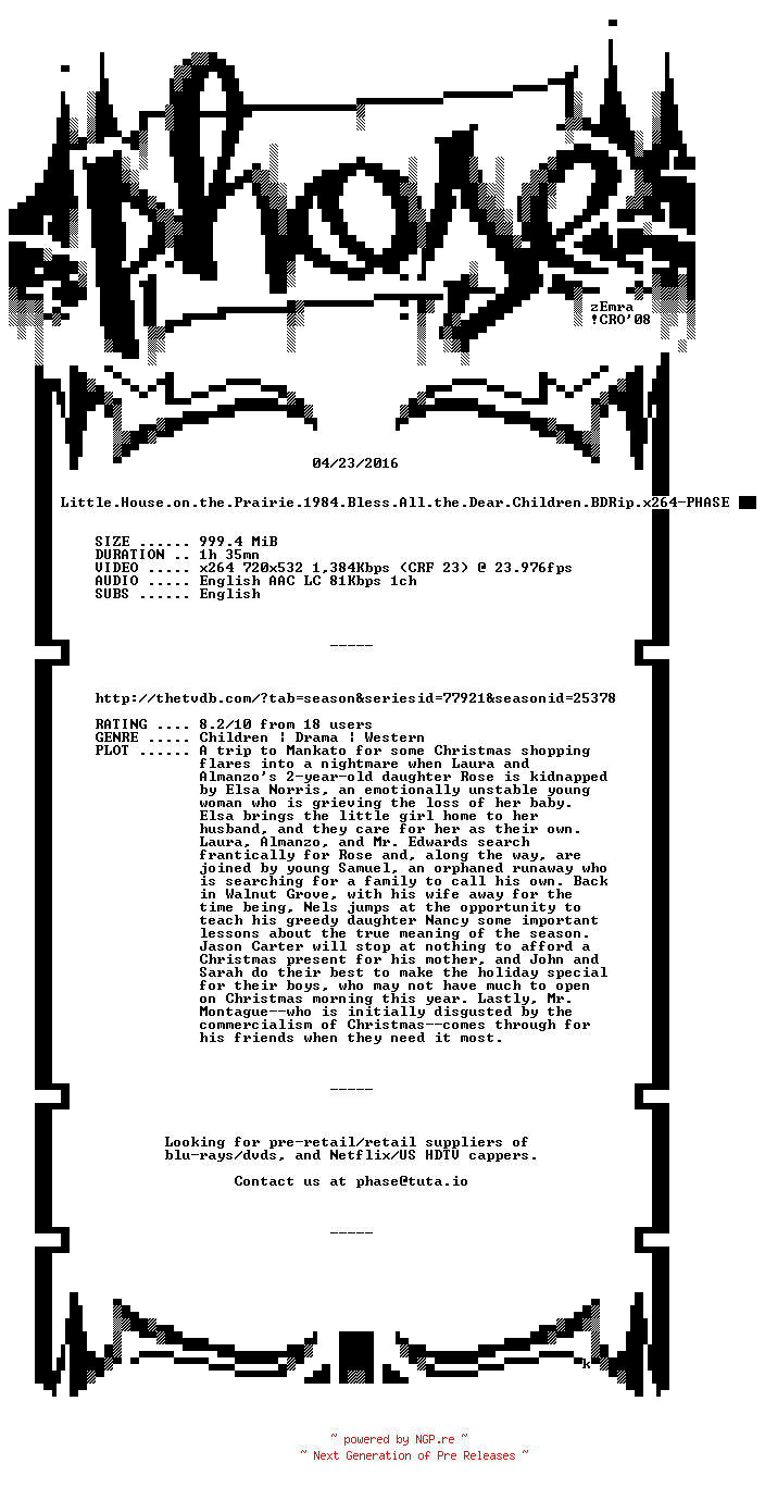 NFO for the release Little.House.on.the.Prairie.1984.Bless.All.the.Dear.Children.BDRip.x264-PHASE by PHASE