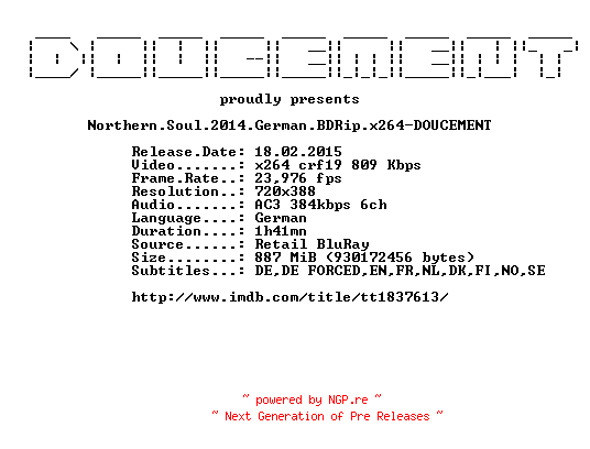 NFO for the release Northern.Soul.2014.German.BDRip.x264-DOUCEMENT by DOUCEMENT