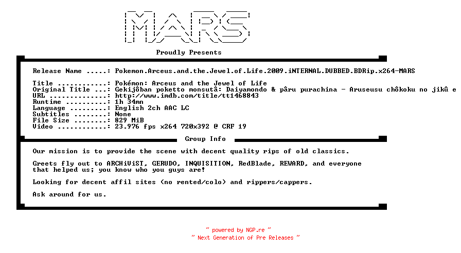 NFO for the release Pokemon.Arceus.and.the.Jewel.of.Life.2009.iNTERNAL.DUBBED.BDRip.x264-MARS by MARS