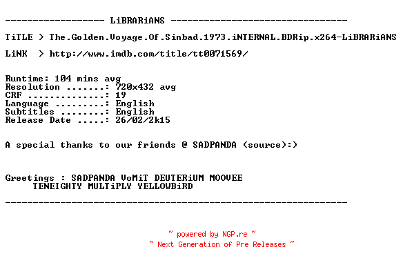 NFO for the release The.Golden.Voyage.Of.Sinbad.1973.iNTERNAL.BDRip.x264-LiBRARiANS by LiBRARiANS