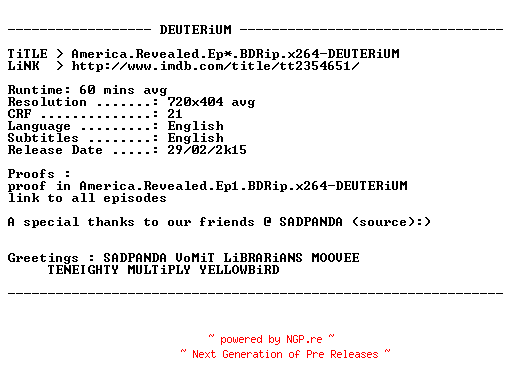 NFO for the release America.Revealed.Ep4.BDRip.x264-DEUTERiUM by DEUTERiUM