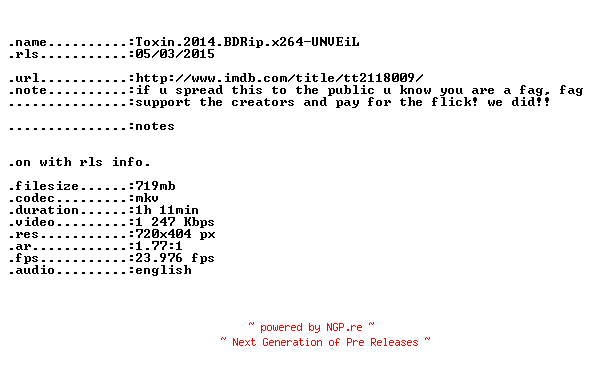 NFO for the release Toxin.2014.BDRip.x264-UNVEiL by UNVEiL