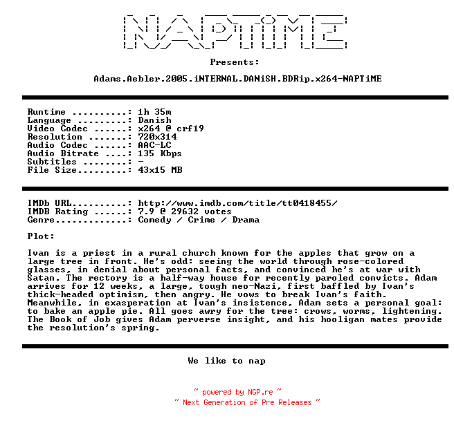 NFO for the release Adams.Aebler.2005.iNTERNAL.DANiSH.BDRip.x264-NAPTiME by NAPTiME