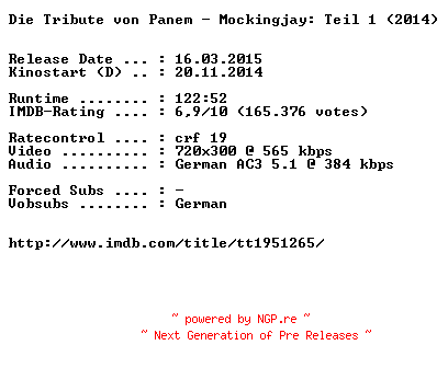 NFO for the release Die.Tribute.von.Panem.Mockingjay.Teil.1.German.BDRiP.x264-EXQUiSi by EXQUiSi