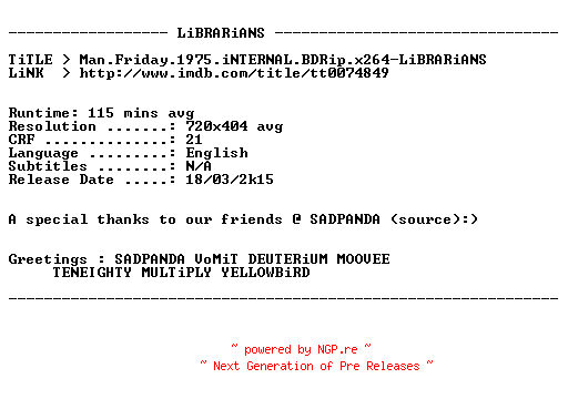 NFO for the release Man.Friday.1975.iNTERNAL.BDRip.x264-LiBRARiANS by LiBRARiANS