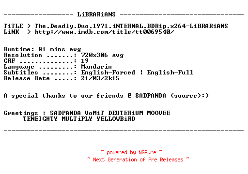 NFO for the release The.Deadly.Duo.1971.iNTERNAL.BDRip.x264-LiBRARiANS by LiBRARiANS