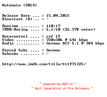 NFO for the release Automata.German.2014.BDRiP.x264-EXQUiSiTE by EXQUiSiTE