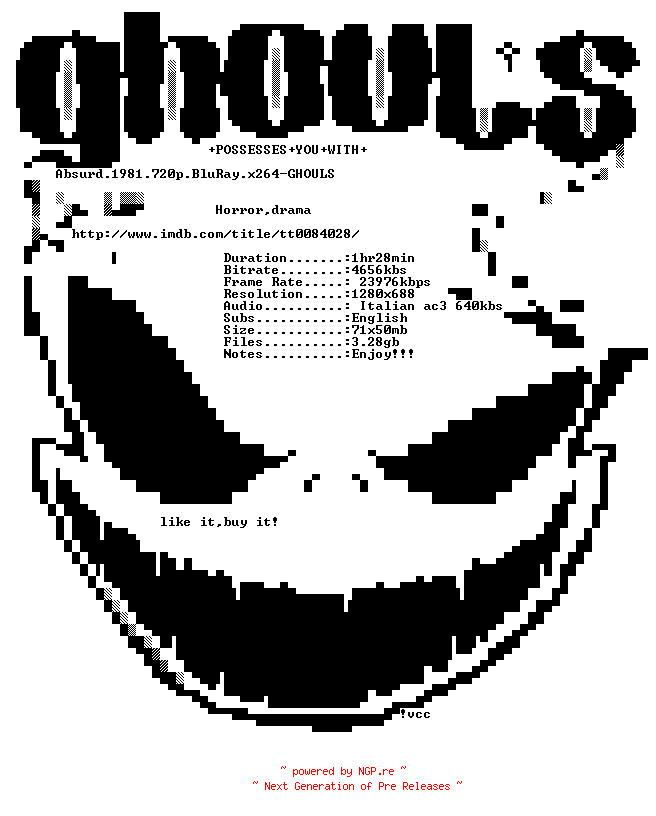 NFO for the release Absurd.1981.720p.BluRay.x264-GHOULS by GHOULS