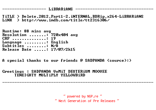 NFO for the release Delete.2012.Part1.iNTERNAL.BDRip.x264-LiBRARiANS by LiBRARiANS