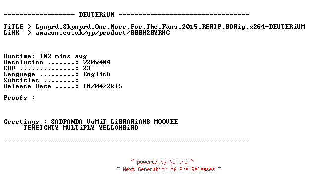 NFO for the release Lynyrd.Skynyrd.One.More.For.The.Fans.2015.RERIP.BDRip.x264-DEUTERiUM by DEUTERiUM