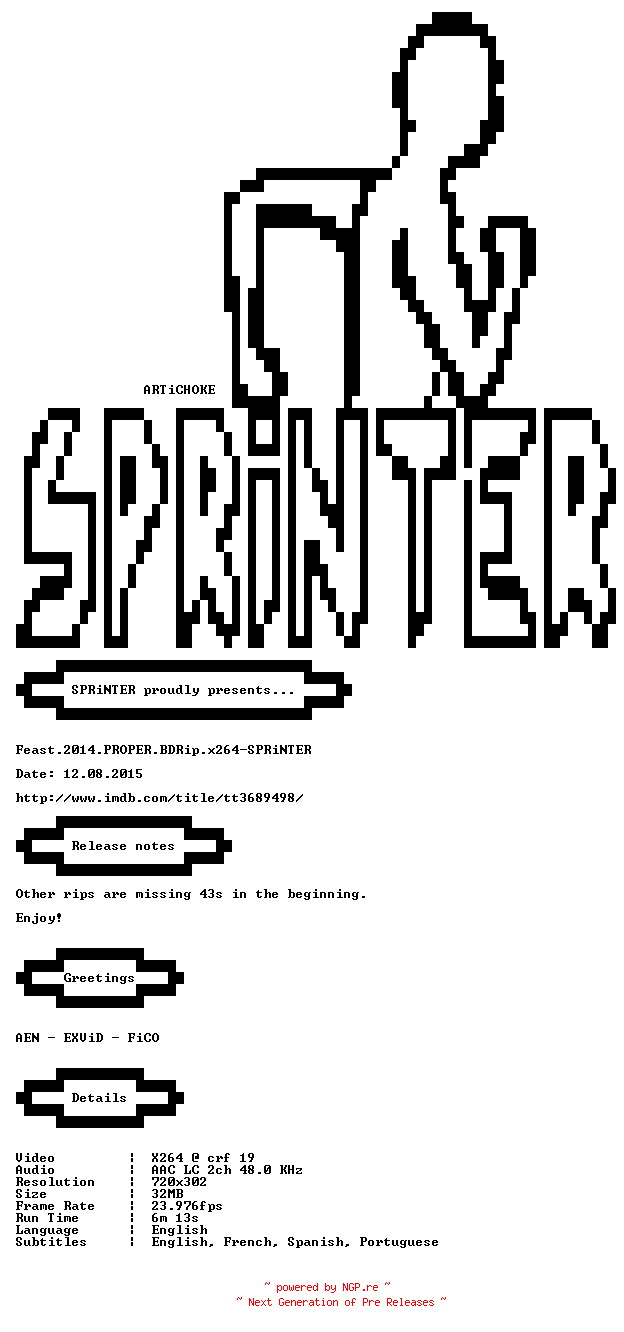 NFO for the release Feast.2014.PROPER.BDRip.x264-SPRiNTER by SPRiNTER