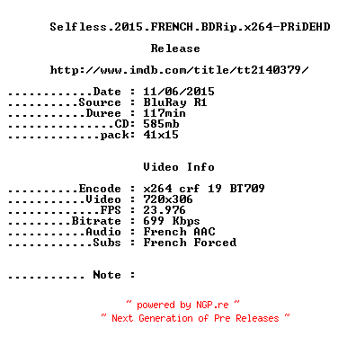 NFO for the release Selfless.2015.FRENCH.BDRip.x264-PRiDEHD by PRiDEHD