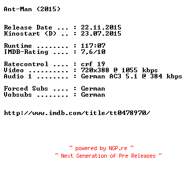 NFO for the release Ant-Man.German.2015.AC3.BDRiP.x264-EXQUiSiTE by EXQUiSiTE
