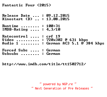 NFO for the release Fantastic.Four.German.2015.AC3.BDRiP.x264-EXQUiSiTE by EXQUiSiTE