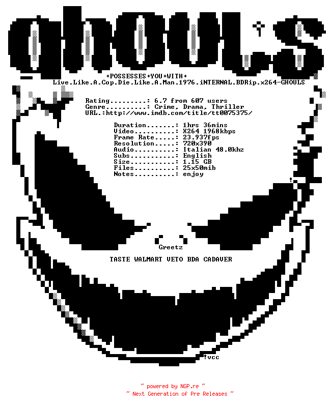 NFO for the release Live.Like.A.Cop.Die.Like.A.Man.1976.iNTERNAL.BDRip.x264-GHOULS by GHOULS