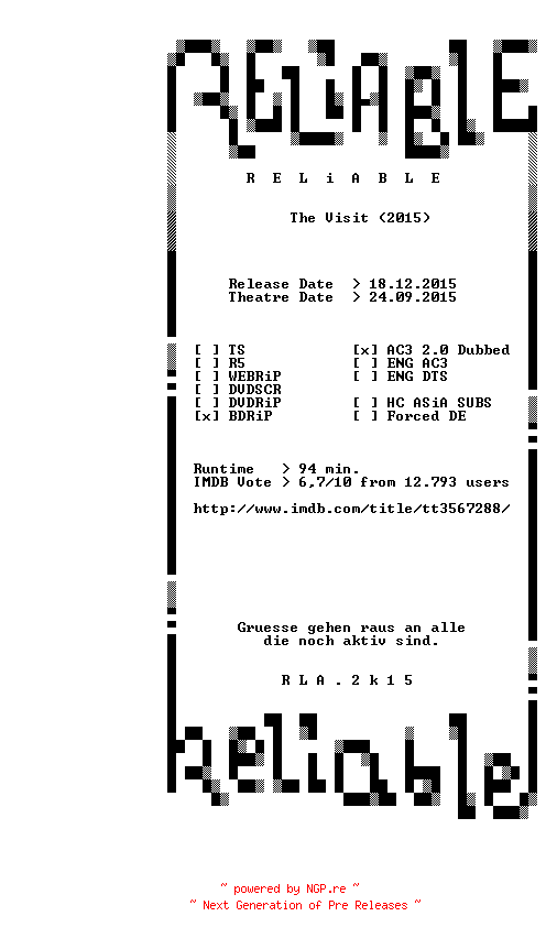 NFO for the release The.Visit.BDRiP.LD.GERMAN.x264-RELiABLE by RELiABLE
