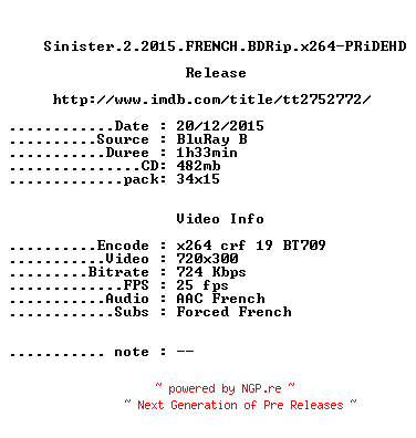 NFO for the release Sinister.2.2015.FRENCH.BDRip.x264-PRiDEHD by PRiDEHD