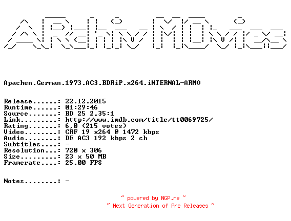 NFO for the release Apachen.German.1973.AC3.BDRiP.x264.iNTERNAL-ARMO by ARMO