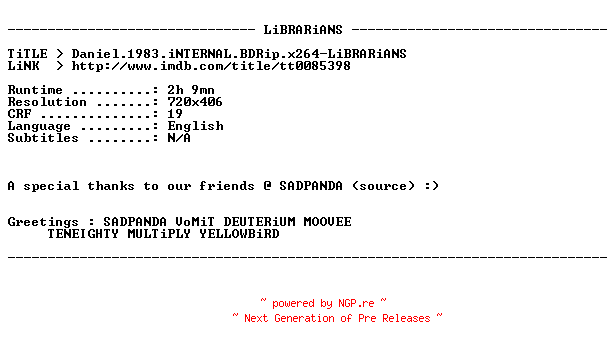 NFO for the release Daniel.1983.iNTERNAL.BDRip.x264-LiBRARiANS by LiBRARiANS