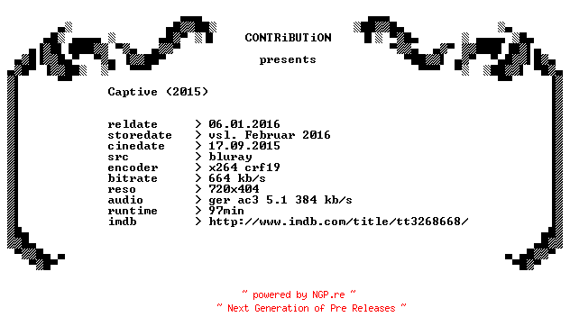 NFO for the release Captive.2015.German.BDRip.x264-CONTRiBUTiON by CONTRiBUTiON