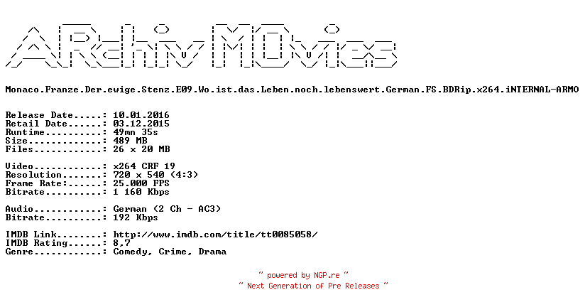 NFO for the release Monaco.Franze.Der.ewige.Stenz.E09.Wo.ist.das.Leben.noch.lebenswert.German.FS.BDRip.x264.iNTERNAL-ARMO by ARMO