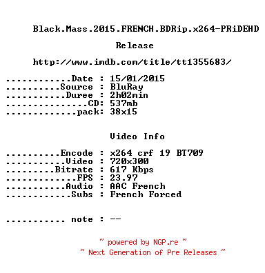 NFO for the release Black.Mass.2015.FRENCH.BDRip.x264-PRiDEHD by PRiDEHD