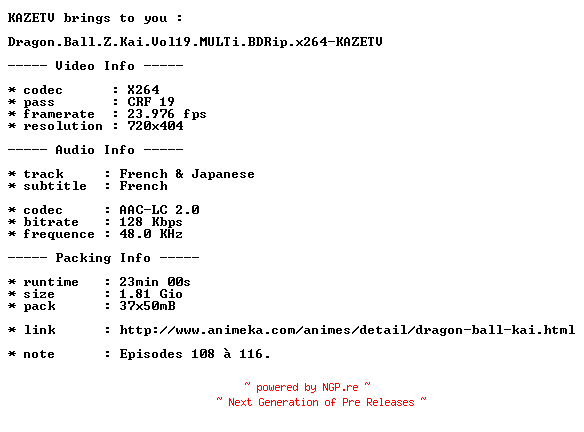 NFO for the release Dragon.Ball.Z.Kai.Vol19.MULTi.BDRip.x264-KAZETV by KAZETV