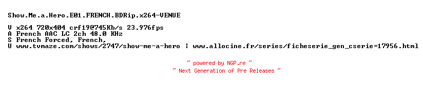 NFO for the release Show.Me.a.Hero.E01.FRENCH.BDRip.x264-VENUE by VENUE