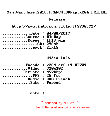 NFO for the release Sam.Was.Here.2016.FRENCH.BDRip.x264-PRiDEHD by PRiDEHD