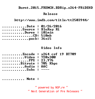 NFO for the release Burnt.2015.FRENCH.BDRiP.x264-PRiDEHD by PRiDEHD