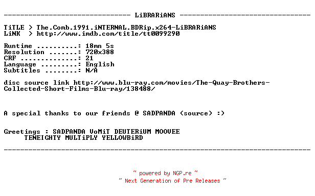 NFO for the release The.Comb.1991.iNTERNAL.BDRip.x264-LiBRARiANS by LiBRARiANS