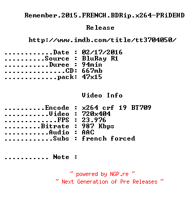 NFO for the release Remember.2015.FRENCH.BDRip.x264-PRiDEHD by PRiDEHD