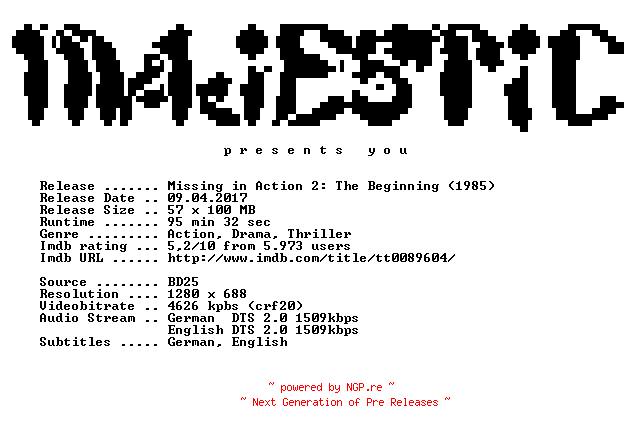 NFO for the release Missing.in.Action.2.The.Beginning.1985.German.DL.720p.BluRay.x264-MAJESTiC by MAJESTiC