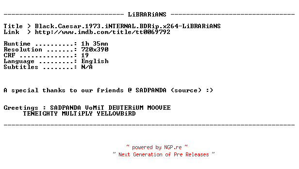 NFO for the release Black.Caesar.1973.iNTERNAL.BDRip.x264-LiBRARiANS by LiBRARiANS