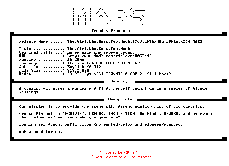 NFO for the release The.Girl.Who.Knew.Too.Much.1963.iNTERNAL.BDRip.x264-MARS by MARS
