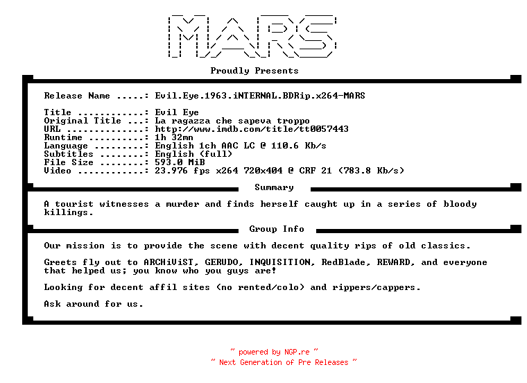 NFO for the release Evil.Eye.1963.iNTERNAL.BDRip.x264-MARS by MARS