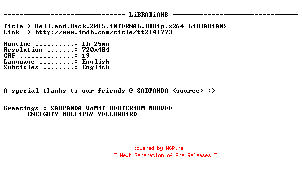 NFO for the release Hell.and.Back.2015.iNTERNAL.BDRip.x264-LiBRARiANS by LiBRARiANS