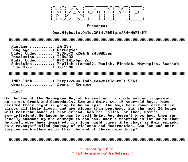 NFO for the release One.Night.In.Oslo.2014.BDRip.x264-NAPTiME by NAPTiME