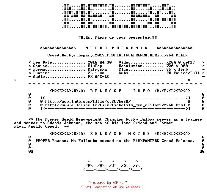 NFO for the release Creed.Rockys.Legacy.2015.PROPER.TRUEFRENCH.BDRip.x264-MELBA by MELBA