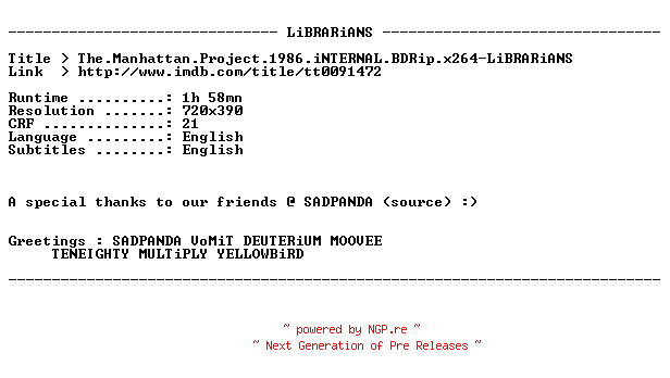 NFO for the release The.Manhattan.Project.1986.iNTERNAL.BDRip.x264-LiBRARiANS by LiBRARiANS