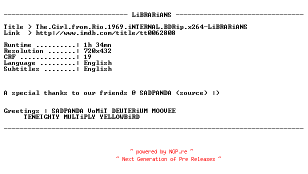NFO for the release The.Girl.from.Rio.1969.iNTERNAL.BDRip.x264-LiBRARiANS by LiBRARiANS