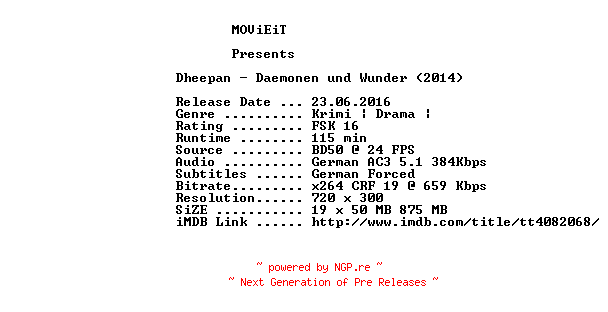 NFO for the release Dheepan.Daemonen.und.Wunder.German.2015.AC3.BDRip.x264-MOViEiT by MOViEiT
