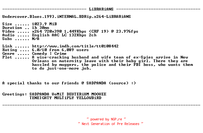 NFO for the release Undercover.Blues.1993.iNTERNAL.BDRip.x264-LiBRARiANS by LiBRARiANS